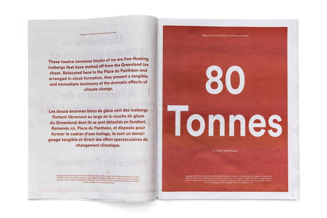 Spread from Ice watch Paris newspaper, published by Studio Olafur Eliasson - Photo: María del Pilar García Ayensa / Studio Olafur Eliasson