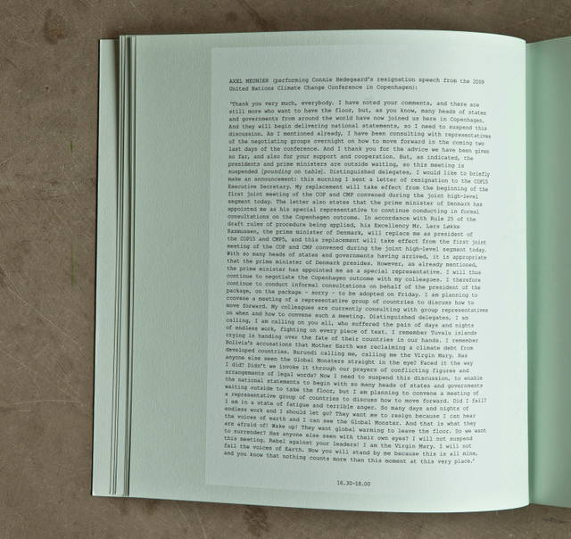 Axel Meunier performs Connie Hadegaard's resignation speech from the 2009 United Nations Climate Change Conference in Copenhagen from Olafur Eliasson: Life is Space 4, edited by Anna Engberg-Pedersen / Studio Olafur Eliasson, Berlin