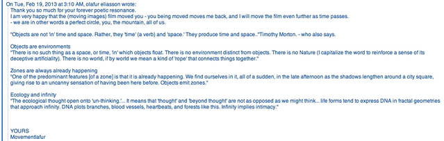 Olafur Eliasson, email correspondence with Hu Fang, 19 February 2013