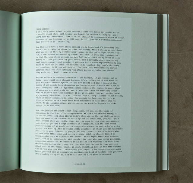 Tania Singer conducts a Gedankenexperiment, from Olafur Eliasson: Life is Space 4, edited by Anna Engberg-Pedersen / Studio Olafur Eliasson, Berlin 