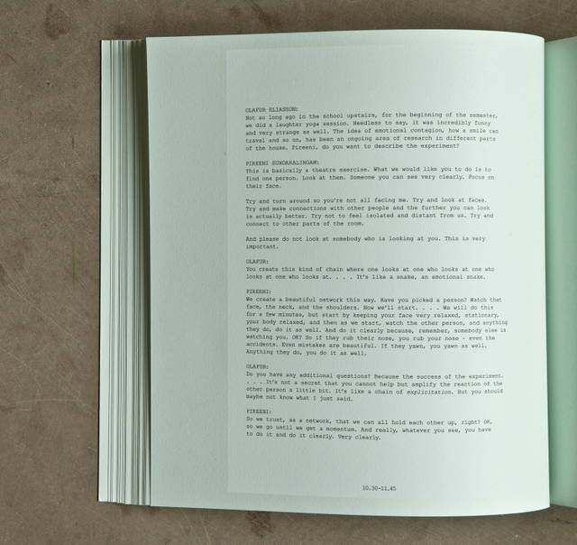 Pireeni Sundaralingam conducts an exercise in emotional contagion, from Olafur Eliasson: Life is Space 4, edited by Anna Engberg-Pedersen / Studio Olafur Eliasson, Berlin 2012