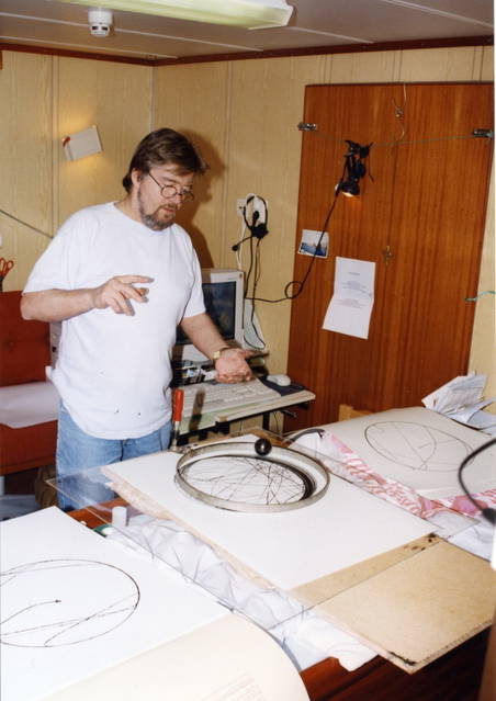 Elias Hjörleifsson with drawing machine - Olafur Eliasson and Elias Hjörleifsson on a boat trip between Greenland and Iceland – 1998