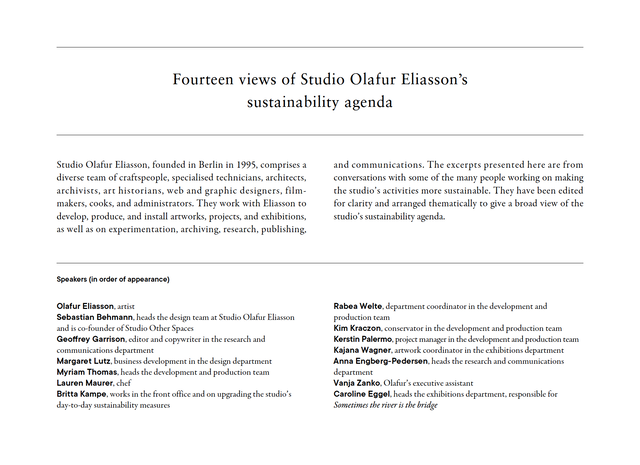 Fourteen Views of Studio Olafur Eliasson’s Sustainability Agenda