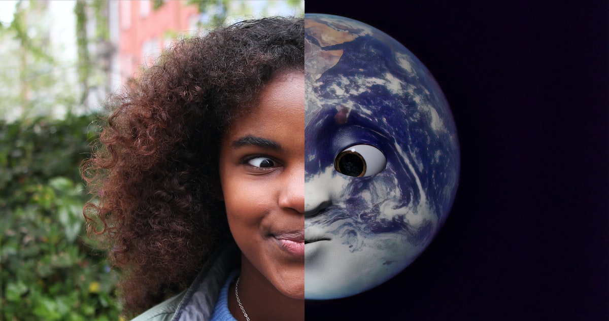 Split screen of girl squinting on left side and earth squinting on right side